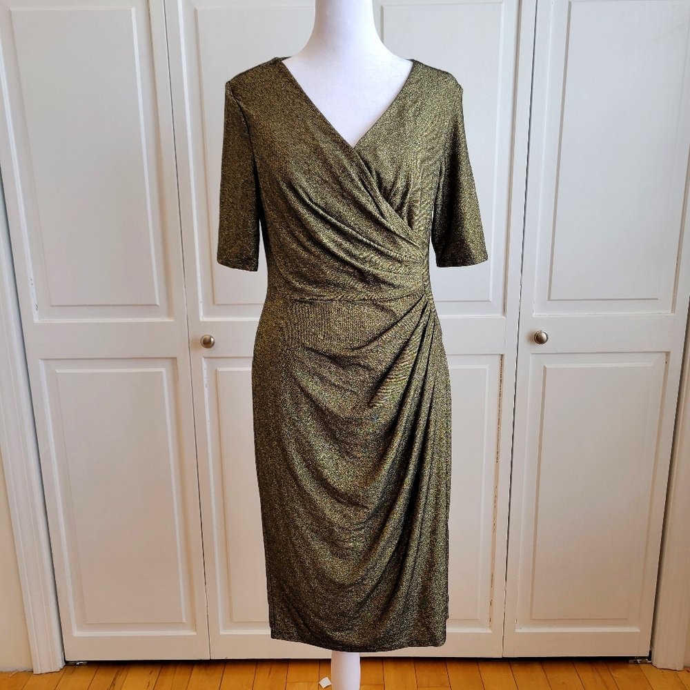 Metallic Olive Wrap-Style Midi Dress